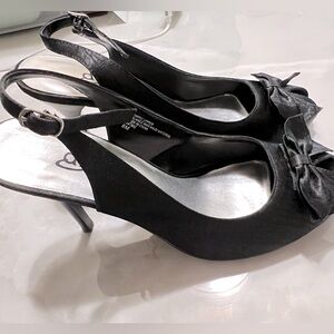 Black Diba Bonita II Peeptoe Satin Heels with Bow